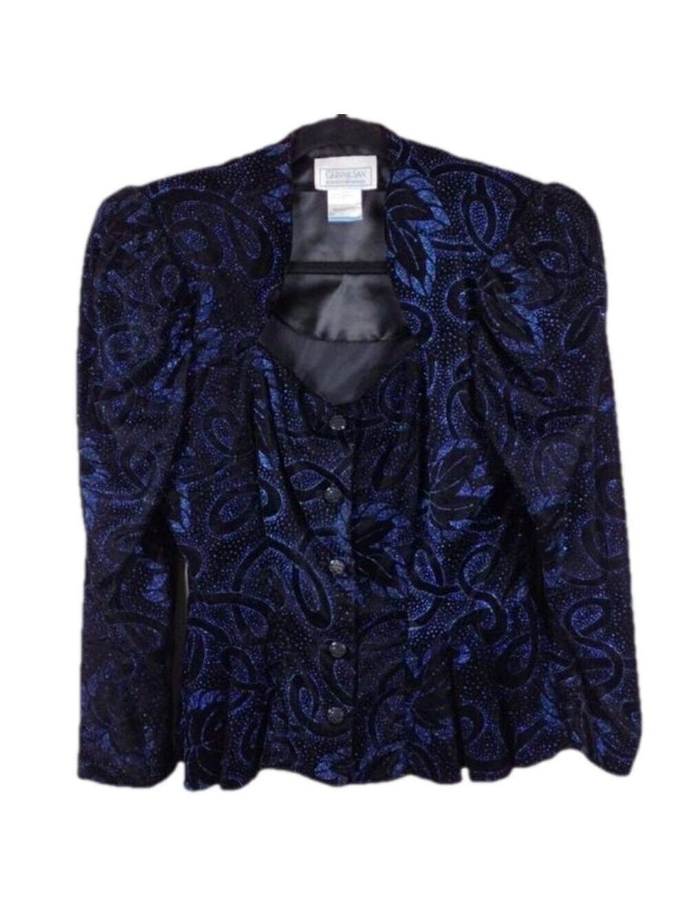 Gunne Sax Black Velvet Blue Embellished Queen Anne Neckline Peplum Blazer Jacket